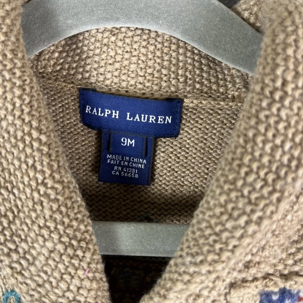 Ralph Lauren Cardigan Sweater Baby 9M Tan American Flag School Cable Knit Bow